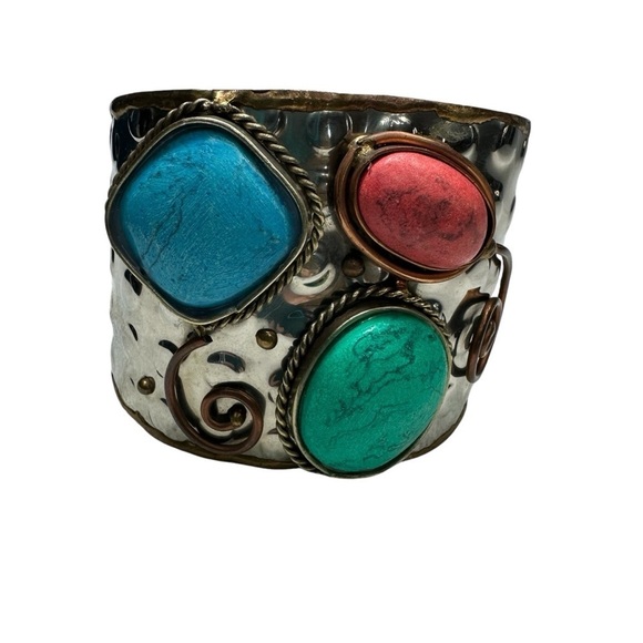 Navajo Inspired Three Stone Wide Cuff Silver Bracelet - Picture 3 of 10